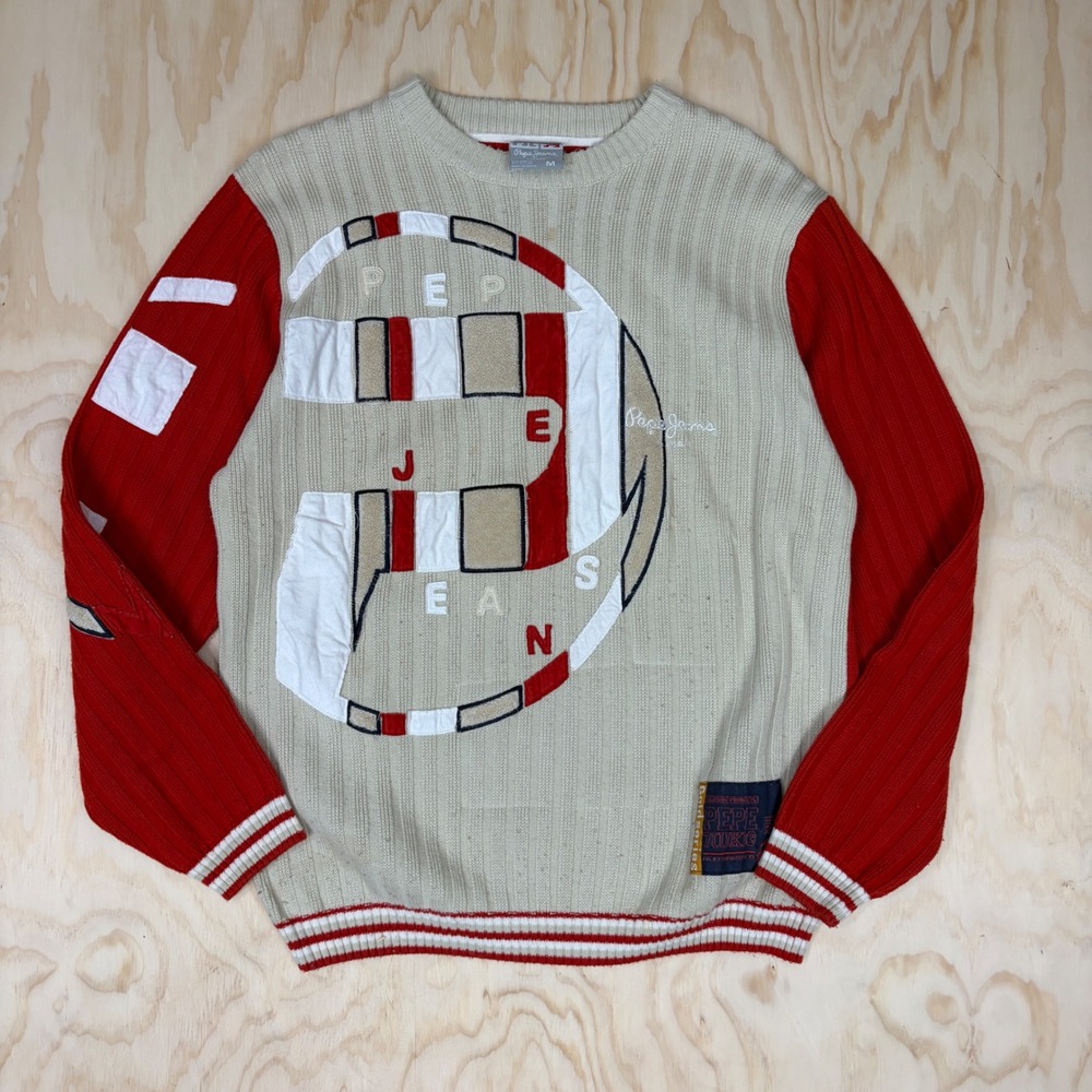 Vintage Pepe Jeans London PJL Colorblock Graphic Knit Sweater Mens Medium Red
